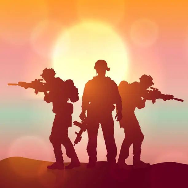 Vector illustration of Silhouette of a soldiers against the sunrise. Concept - protection, patriotism, honor.