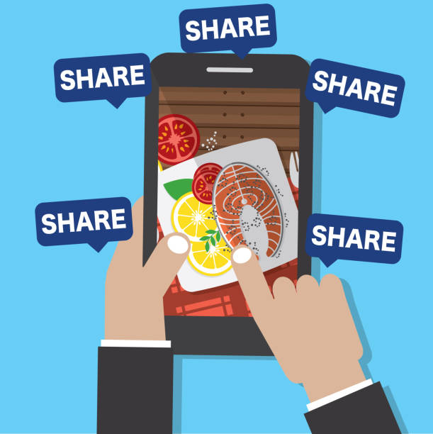 ilustrações, clipart, desenhos animados e ícones de tire fotos de comida com seu smartphone. compartilhar nas mídias sociais é o estilo de vida da ilustração vetorial da nova geração - file sharing