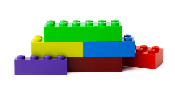 istock Colorful plastic toy building blocks isolated on white 1313419279