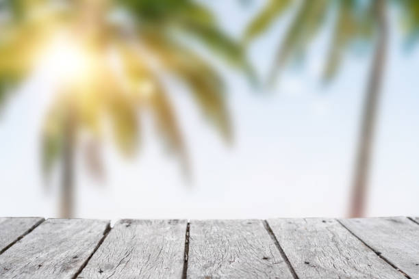 istock Selective focus of old wood table with blur beautiful beach with tropical palm tree for display your product. 1313419971
