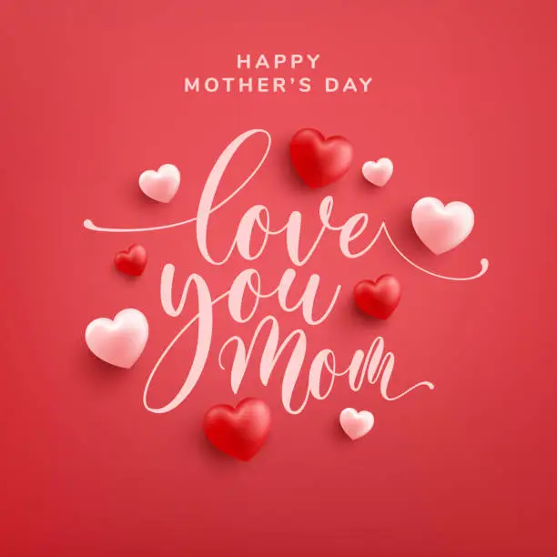 Vector illustration of Love You Mom word hand drawn lettering and calligraphy with red and pink heart on red background. Mother's day template or background for Love and Mother's day concept