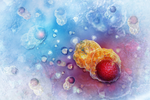 Cancer cells on scientific background.3d illustration