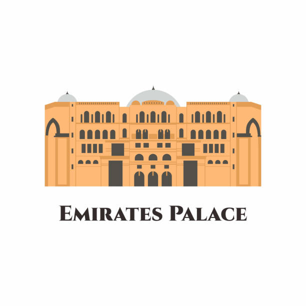 ilustrații de stoc cu palatul emirates din abu dhabi, emiratele arabe unite. este destinatia perfecta care ofera o plaja privata curata si un port de agrement. unul dintre cele mai scumpe hoteluri. ilustrație plată vectorială - palat
