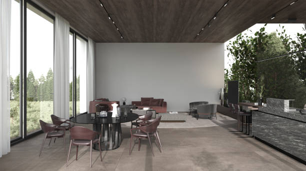 istock Modern architecture open space. Minimal interior design kitchen and living room with plants behind glass wall. Contemporary sofa and armchairs, stone tiles, wooden ceiling. 3d render illustration. 1313421349