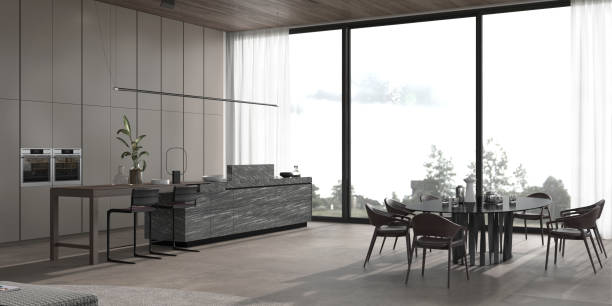 istock Modern architecture. Luxury minimalism interior design kitchen and dining room. Contemporary island table and chairs, panoramic windows view trees, stone floor, wooden ceiling. 3d render illustration. 1313421368