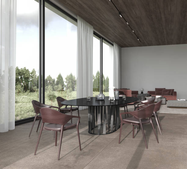 istock Modern house space with large panoramic background. Luxury bright interior design dining and living room with forest view. Contemporary white wall, stone tiles, wooden ceiling. 3d render illustration. 1313421394