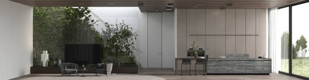 istock Minimal luxury interior design panoramic view background with living, dining and kitchen room. Beautiful green wall plants. House with white wall, stone floor, wooden ceiling. 3d render illustration. 1313421404