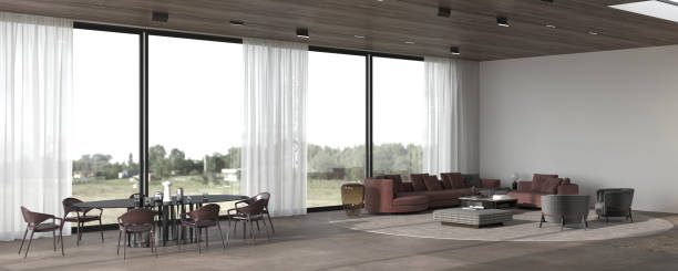 istock Modern luxury house with panoramic large windows nature forest view background, stone floor, white wall and wooden ceiling. Minimal interior design dining and living room. 3d render illustration. 1313421406