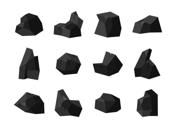 ilustrações de stock, clip art, desenhos animados e ícones de a set of pieces of fossil stone black coal of various shapes with different illumination of the surface. charcoal isolated on white background. - rock stone stack textured
