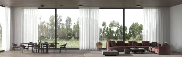 istock Modern luxury house with panoramic large windows nature forest view background, stone floor, white wall and wooden ceiling. Minimal interior design dining and living room. 3d render illustration. 1313421577