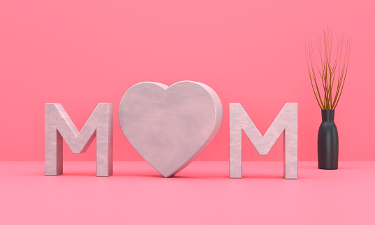 Mothers Day Design. I love you mom lettering and heart shapes on pink background.