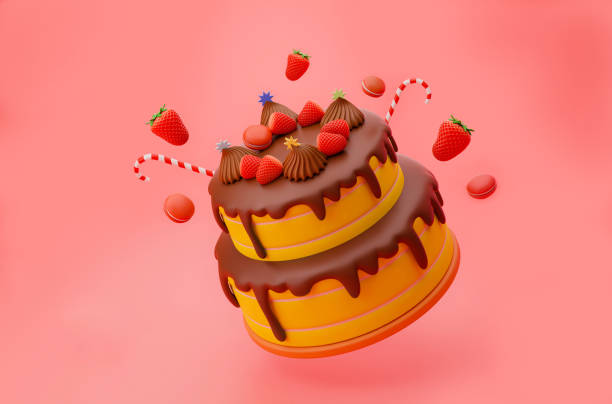 Realistic flying chocolate cake with red strawberries toppings and macaroons decoration 3d Realistic flying cake chocolate with red strawberries toppings and macaroons 3d illustration cake toppings stock pictures, royalty-free photos & images