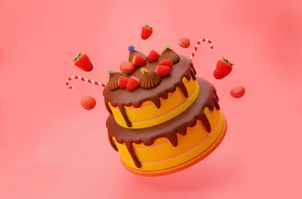 Realistic flying cake chocolate with red strawberries toppings and  macaroons  3d illustration