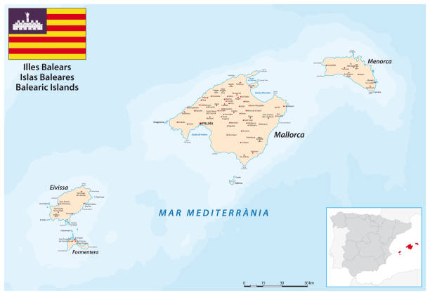 ilustrações de stock, clip art, desenhos animados e ícones de vector map of the balearic islands in the western mediterranean sea - palma de maiorca