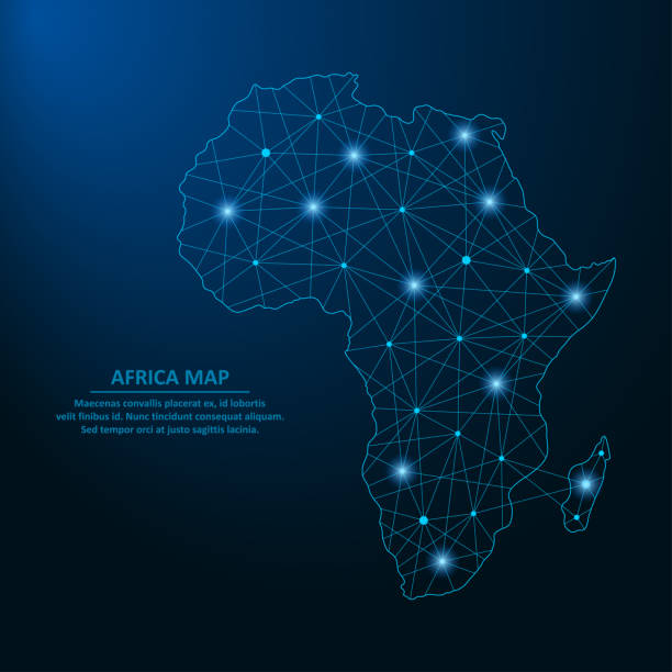 ilustrações de stock, clip art, desenhos animados e ícones de abstract africa map created from lines and bright points in the form of starry sky, polygonal wireframe mesh and connected lines. low poly africa continent. vector - backgrounds vector map internet