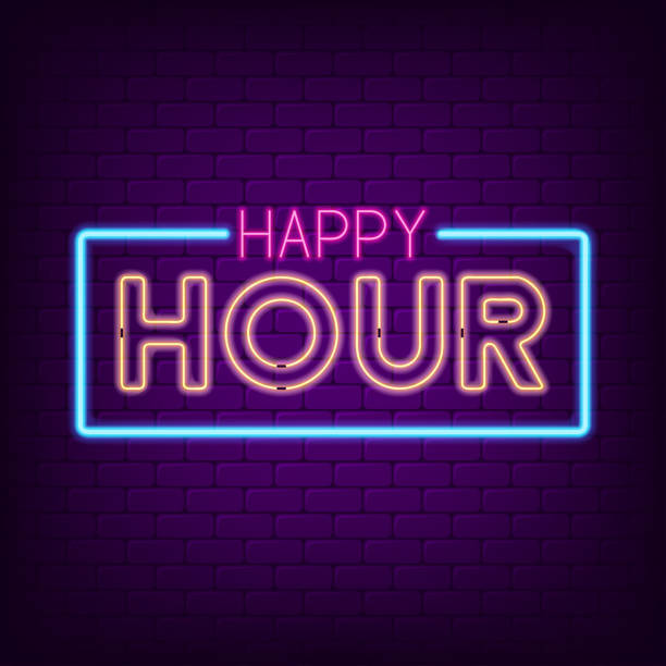 illustrazioni stock, clip art, cartoni animati e icone di tendenza di segnale al neon dell'happy hour. cartello al neon pubblicitario notturno luminoso. vettore - happy hour