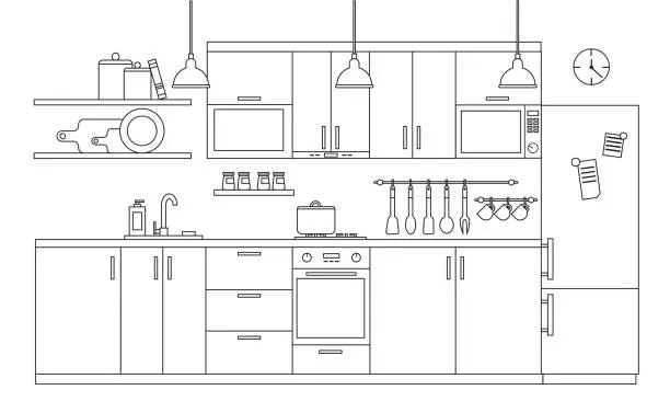 Vector illustration of Modern kitchen interior with furniture in linear style. Architectural sketch dining room with utensil tool equipment and household appliances.Hand draw black contour lines on white vector illustration