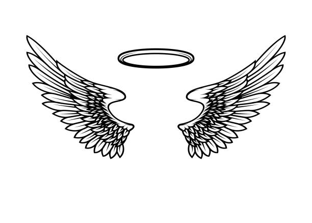 ilustraciones, imágenes clip art, dibujos animados e iconos de stock de alas de ángeles con nimbus. elemento de diseño para cartel, tarjeta, banner, camiseta. ilustración vectorial - aureola