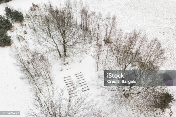 Aerial View Of Open Air Church In Winter Stock Photo - Download Image Now - Aerial View, Bench, Black Color