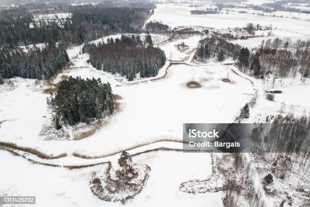 Aerial View Of Ponds With Islands On A Winter Day Stock Photo - Download Image Now - Above, Aerial View, Backgrounds