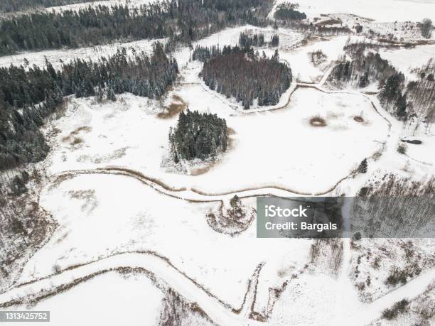 Aerial View Of Ponds With Islands On A Winter Day Stock Photo - Download Image Now - Above, Aerial View, Backgrounds