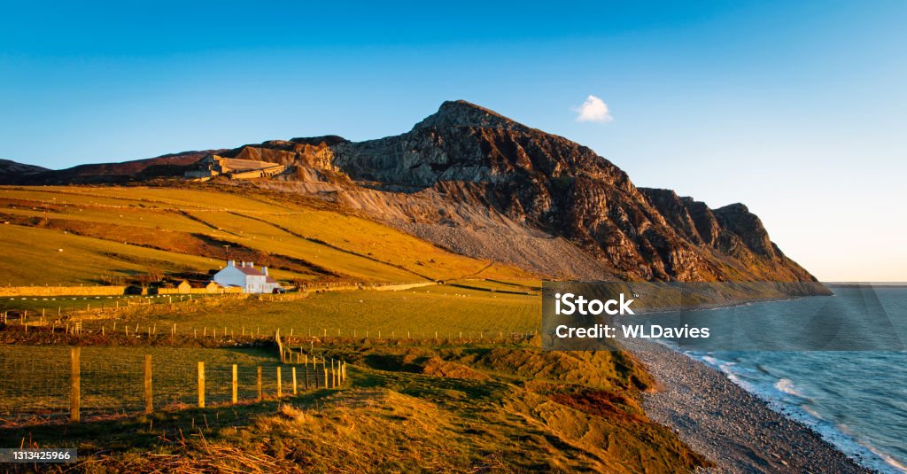 North Wales coastline Farm, mountains and sea on the Lleyn Peninsula, North Wales Wales Stock Photo