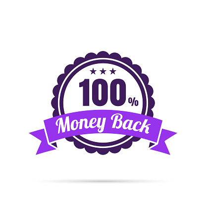 Purple trendy badge (100% Money Back) with shadow, isolated on a white background. Elements for your design, with space for your text. Vector Illustration (EPS10, well layered and grouped). Easy to edit, manipulate, resize or colorize.