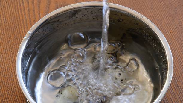 istock Clear water pouring into metal pot with tiny quail eggs ready to cook boiling 1313426069