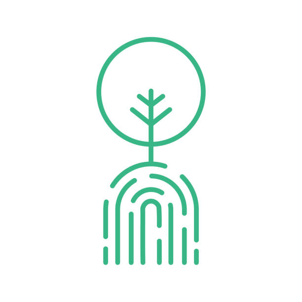 Green Finger print tree line icon. Zero emission concept. Environment conservation. Fingerprint nature logo. Human impact on Earth. Plant a tree sign. Deforestation. Vector illustration, flat, clip art origins stock illustrations