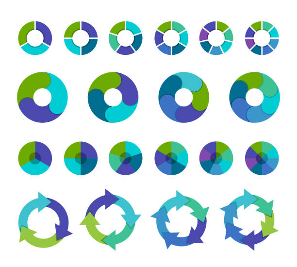 ilustraciones, imágenes clip art, dibujos animados e iconos de stock de colorida colección de gráficos circulares con 3,4,5,6 y 7,8 secciones o pasos - flow chart analytics chart diagram