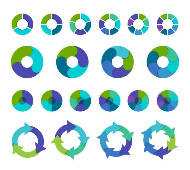 Vector illustration of Colorful pie chart collection with 3,4,5,6 and 7,8 sections or steps