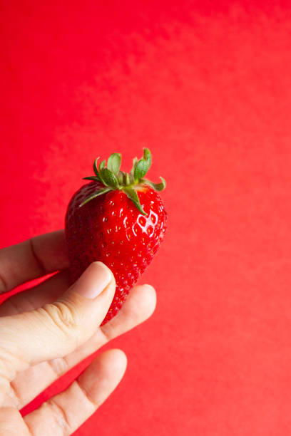 istock hand holding strawberry isolated on red background 1313429050
