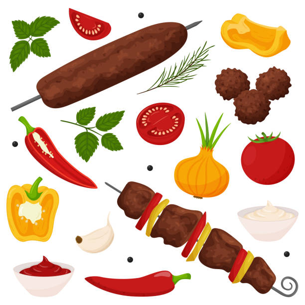 Shish kebab, lula kebab, meatballs.Set of Grilled meat dishes on the coals. Vegetables, sauce, spices, herbs. Ready-made meat food in a flat, cartoon style.Color vector illustration isolated on white. Shish kebab, lula kebab, meatballs. Set of Grilled meat dishes on the coals. Vegetables, sauce, spices, herbs. Ready-made meat food in a flat, cartoon style.Color vector illustration isolated on white shish kebab stock illustrations