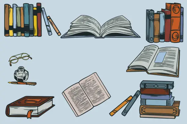 Vector illustration of Set collection of hand drawn icons of school equipment. Stack of book with old retro writing instrument and glasses. Vector illustration on the theme of library, books, reading vintage sketch