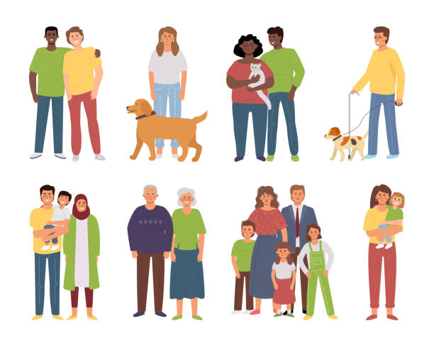 Different families, various couples close friends, single parent, LGBT partners. vector art illustration