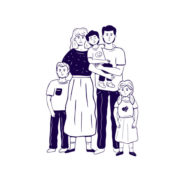The hand drawn monochrome family standing in embrace. Mother, father, daughter, son, teen, siblings. Vector illustration in sketch doodle style. vector art illustration