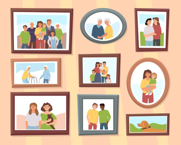 Various framed portraits of family and friends hang on the wall. Diverse moments of life: holidays with relatives, meetings, friendship, old age, love, pet, children. vector art illustration