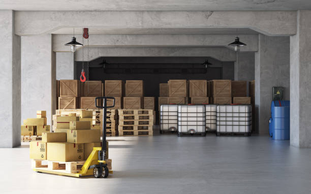 istock Industrial warehouse interior with pallets, containers and crates. 3d rendering 1313434373