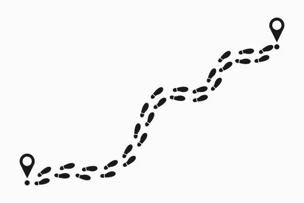 Human footprints tracking path. Shoes trail track with location pin. Footsteps route. Vector Human footprints tracking path. Shoes trail track with location pin. Footsteps route. Vector illustration. footprint stock illustrations