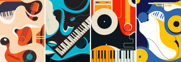 Collection of jazz posters. Collection of jazz posters. Flyer templates in flat design. musical instrument stock illustrations