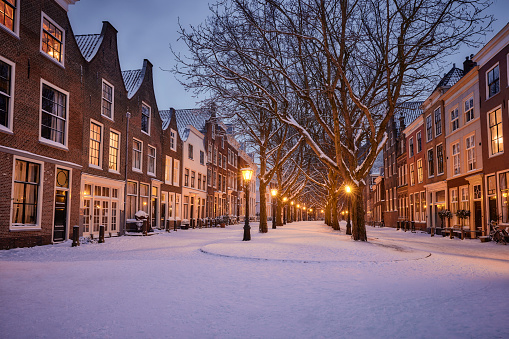 A street in the city of Leiden in the Netherlands is totally covered in snow. The street lighting is on because it starts getting dark. High trees stand tall on the sides of a big path and on the side of the roads are houses on both sides. In the background you can see a part of a big church.