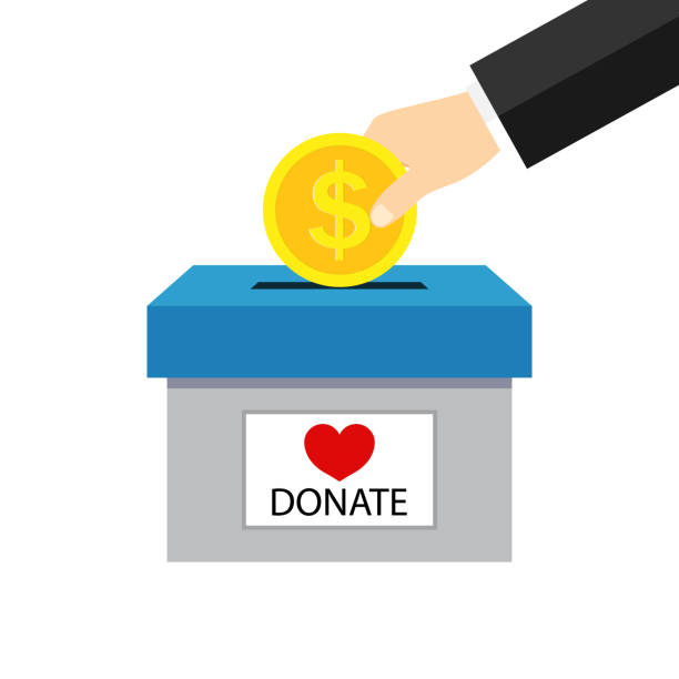ilustrações de stock, clip art, desenhos animados e ícones de money box for charity donate. hand giving coin for charity help. campaign of fundraising for donate. icon of fund of donation. financial contribution from heart with love for charitable. vector - coin box