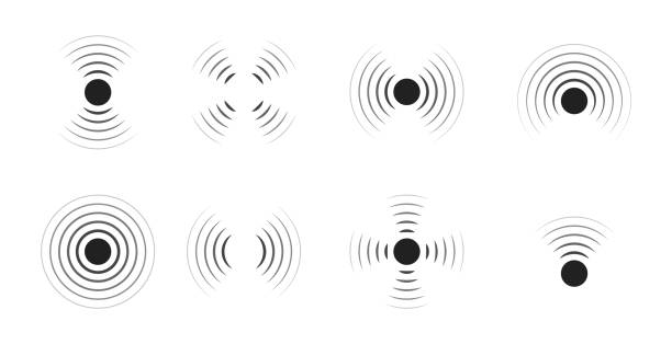 파도 수중 음파 탐지기. 신호가 있는 레이더. 펄스의 아이콘입니다. 동심 사운드 원. 공기 중의 진동이 있는 고음속 주파수. 스피커의 소음과 에너지. 라디오, 군사 보호 및 스캔의 상징. 벡터 - wave pattern sine wave computer graphic backgrounds stock illustrations