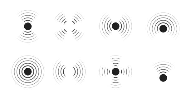 ilustrações de stock, clip art, desenhos animados e ícones de wave sonar. radar with signal. icon of pulse. concentric sound circle. high sonic frequency with vibration in air. noise and energy from speaker. symbol of radio, military protection and scan. vector - sine wave