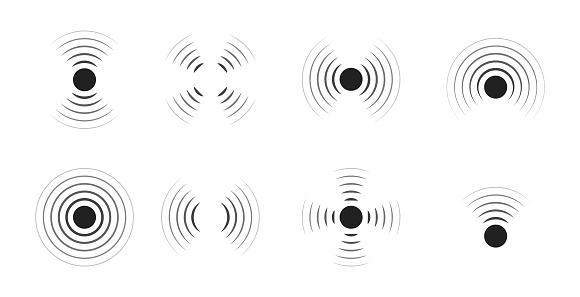 Wave sonar. Radar with signal. Icon of pulse. Concentric sound circle. High sonic frequency with vibration in air. Noise and energy from speaker. Symbol of radio, military protection and scan. Vector.