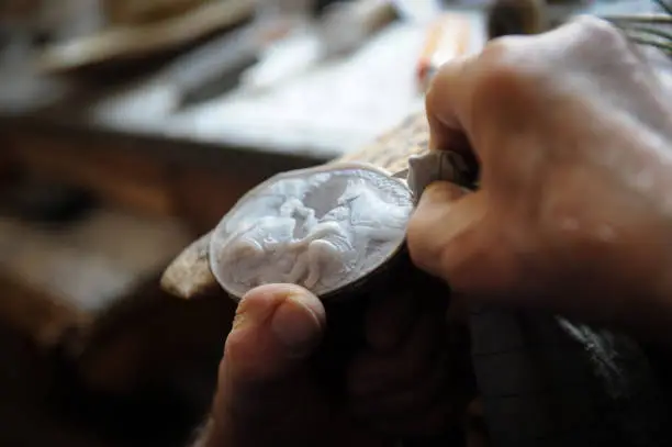 craftsmanship in Campania in Torre del Greco near Naples of the coral cameos