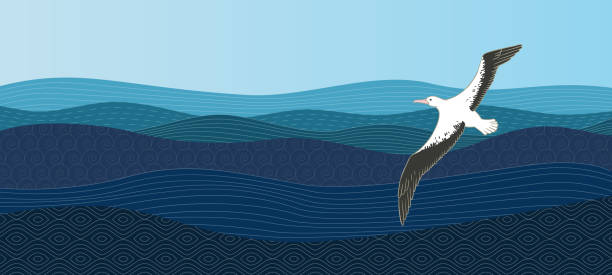 illustrazioni stock, clip art, cartoni animati e icone di tendenza di albatross aleggia sull'oceano. l'uccello vola vicino alle onde blu. modello di sfondo astratto con motivo in stile orientale. - vettore - albatross