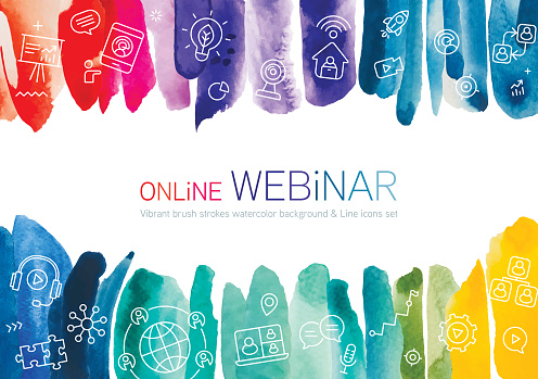 Line icons set depicting online webinar randomly placed on vibrant watercolor brush strokes background. Each brush stroke is isolated as one object.
