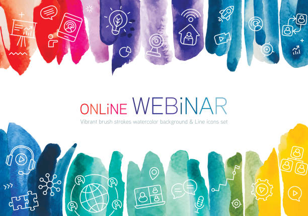 Webinar Watercolor Abstract Background Including Line Icons Set Line icons set depicting online webinar randomly placed on vibrant watercolor brush strokes background. Each brush stroke is isolated as one object. microphone patterns stock illustrations