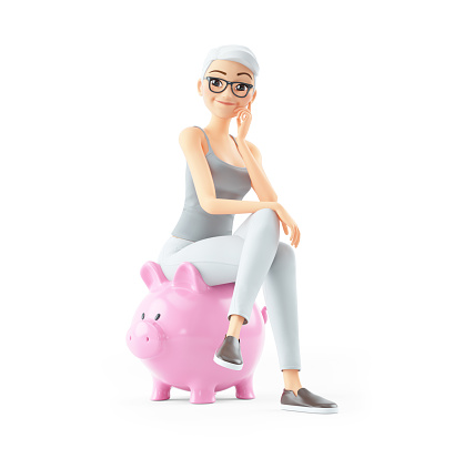 3d senior woman sitting on piggy bank, illustration isolated on white background
